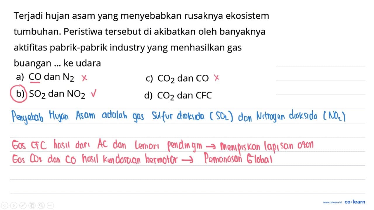 Terjadi hujan asam yang menyebabkan rusaknya ekosistem