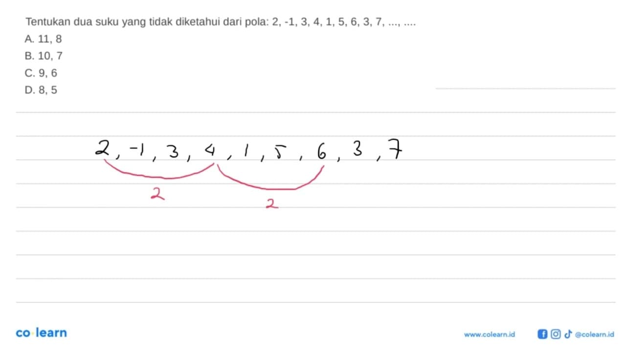 Tentukan dua suku yang tidak diketahui dari pola : 2, -1,