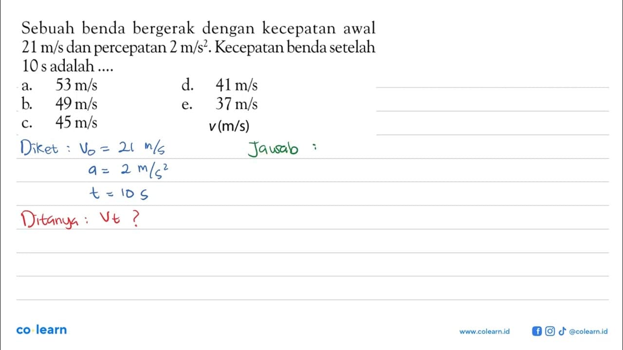 Sebuah benda bergerak dengan kecepatan awal 21 m/s dan