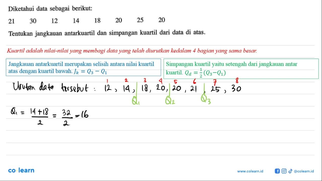 Diketahui data sebagai berikut: 21 30 12 14 18 20 25 20