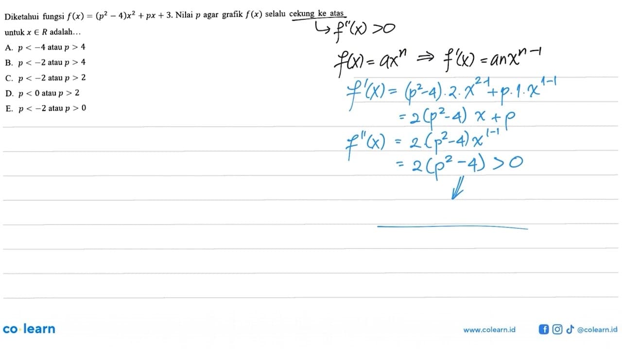 Diketahui fungsi f(x)=(p^2-4)x^2+px+3. Nilai p agar grafik