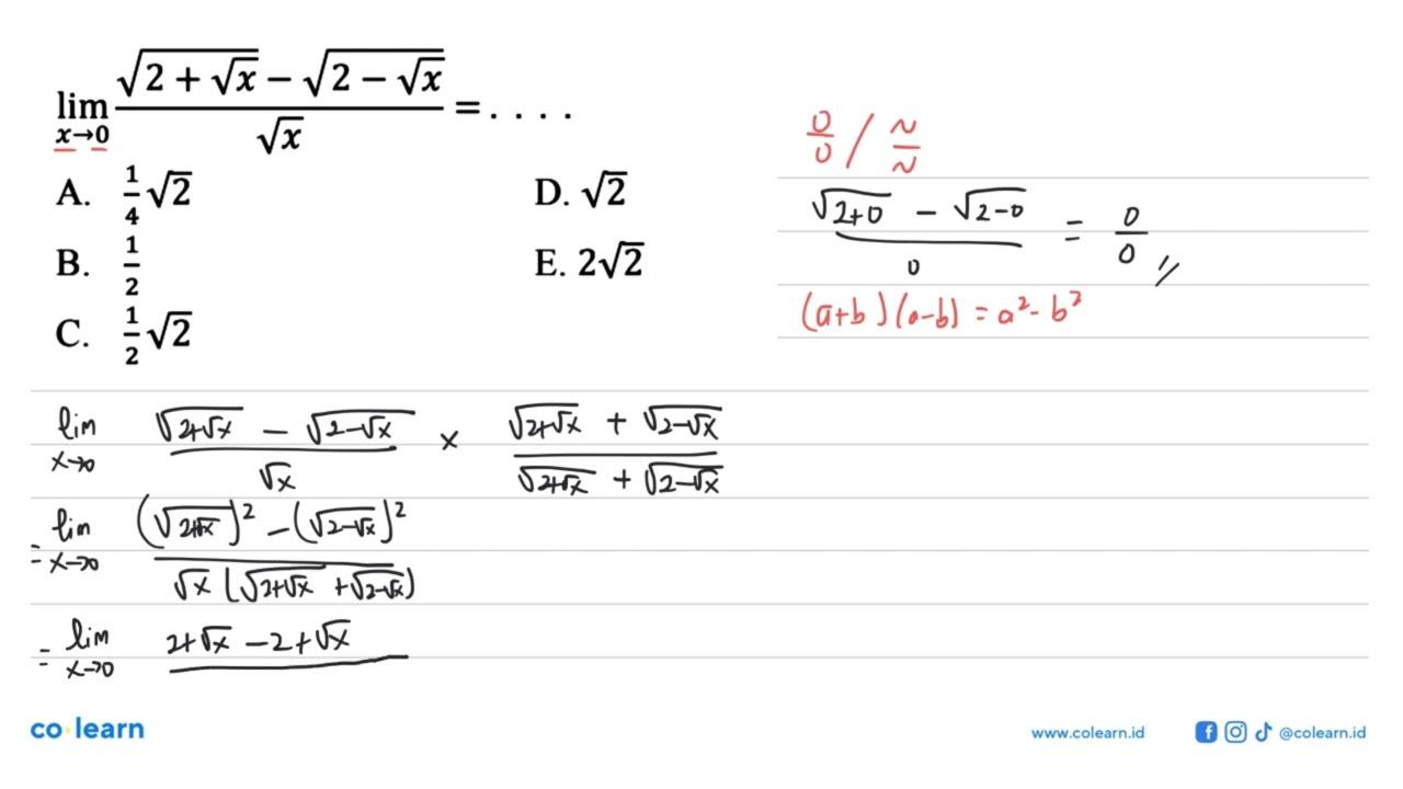 limit x->0 (2^1/2+x^1/2-2^1/2-x^1/2)/(x^1/2)=...