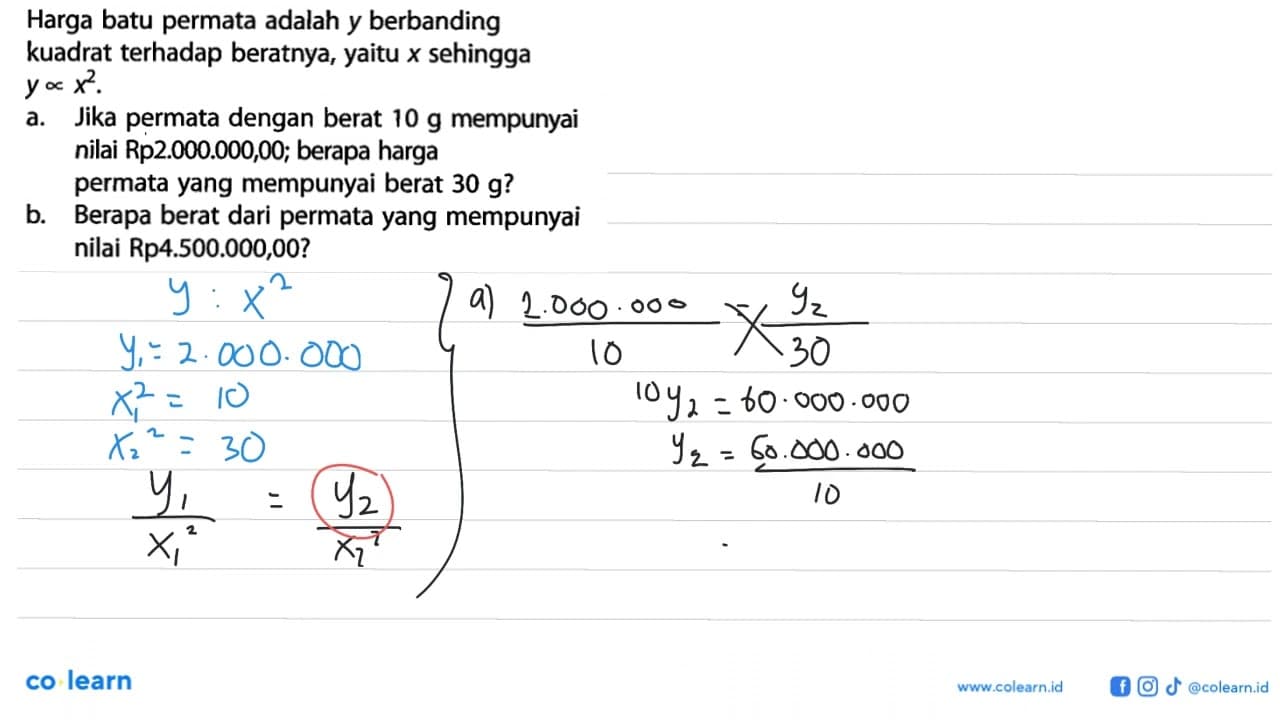 Harga batu permata adalah y berbanding kuadrat terhadap