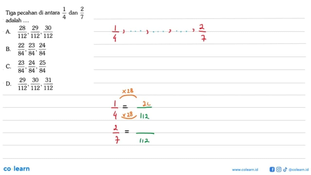 Tiga pecahan di antara 1/4 dan 2/7 adalah .... A. 28/112,