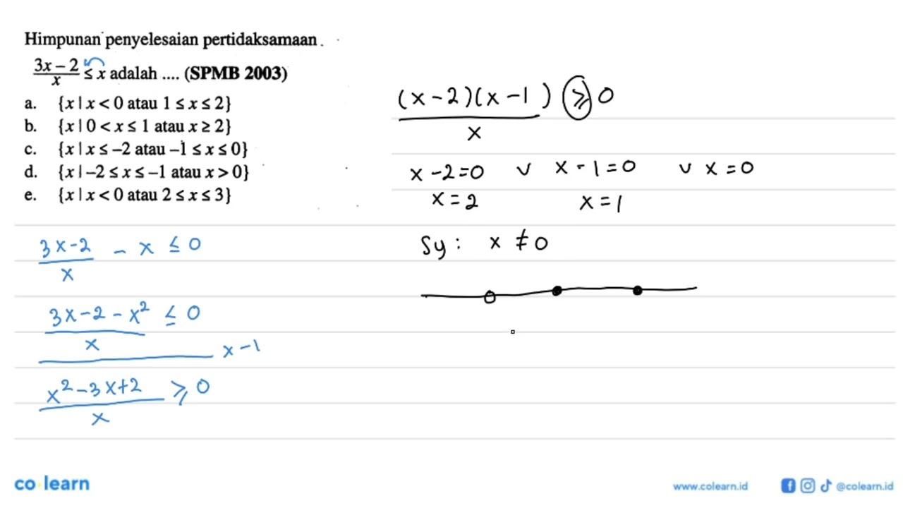 Himpunan penyelesaian pertidaksamaan (3x-2)/x<=x adalah ...