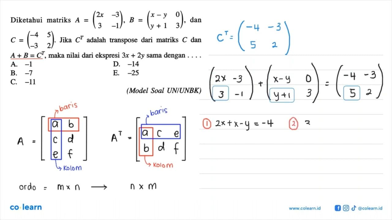 Diketahui matriks A = (2x -3 3 -1), B = (x-y 0 y+1 3), dan