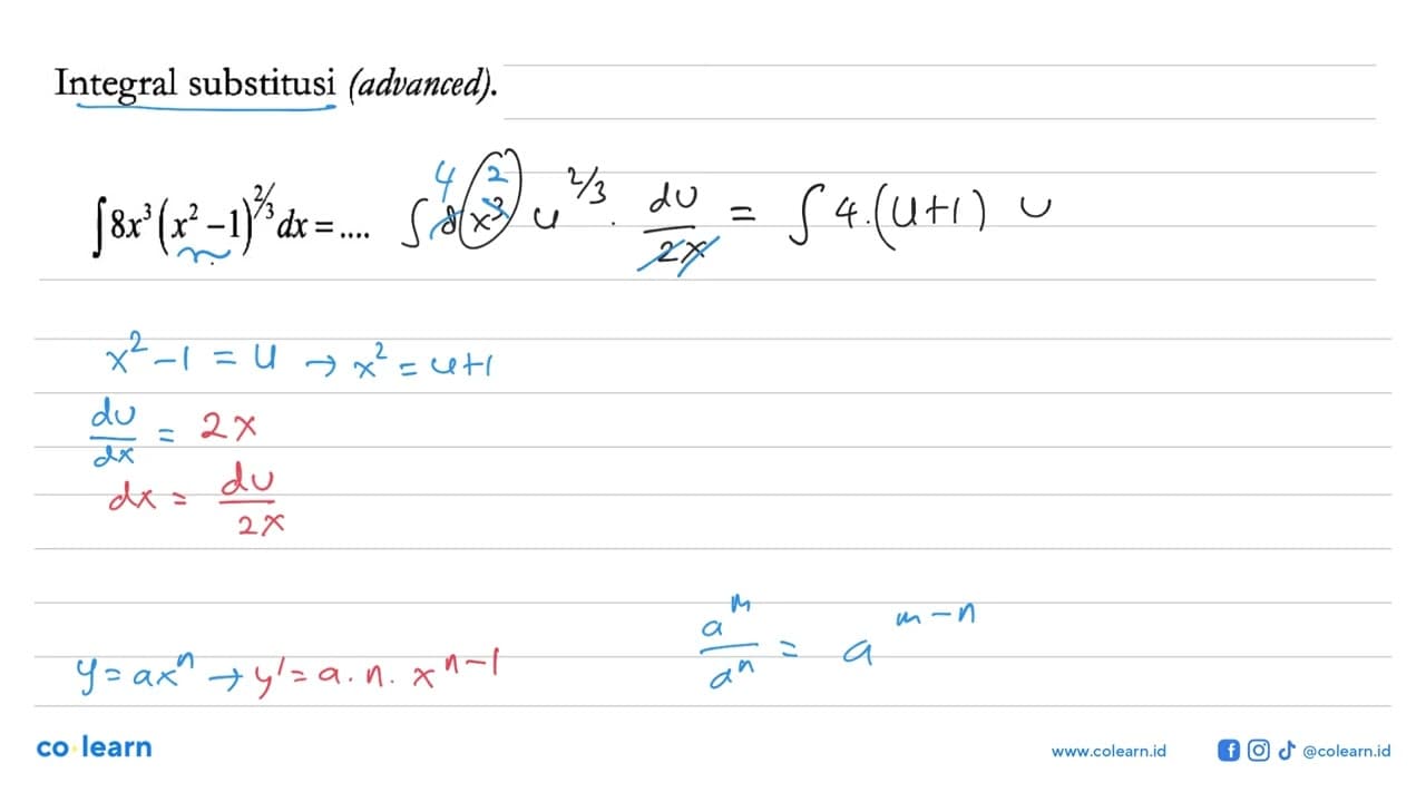 Integral substitusi (advanced).integral 8x^3(x^2-1)^(2/3)