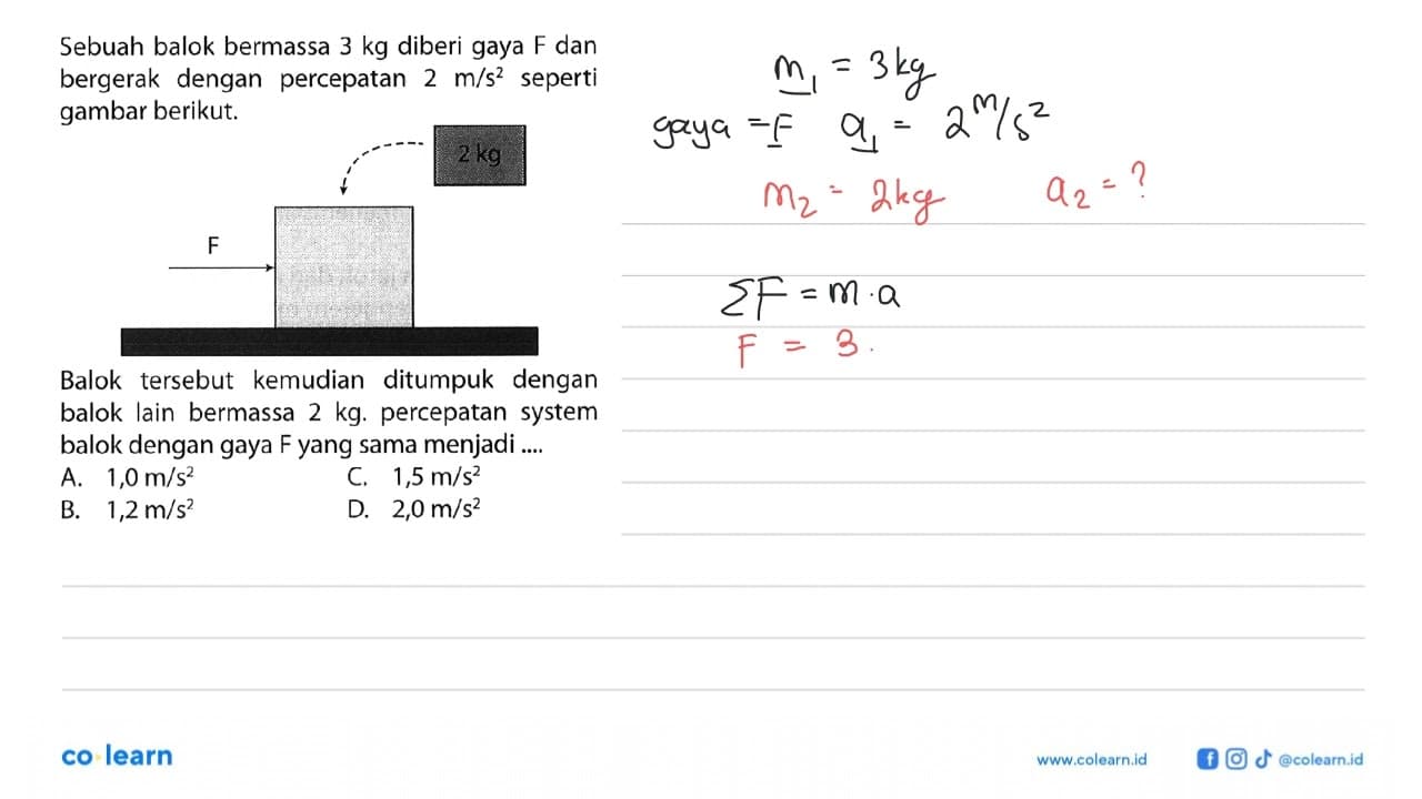 Sebuah balok bermassa 3 kg diberi gaya F dan bergerak