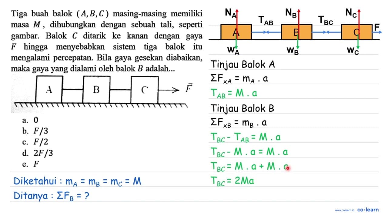 Tiga buah balok (A, B, C) masing-masing memiliki masa M ,