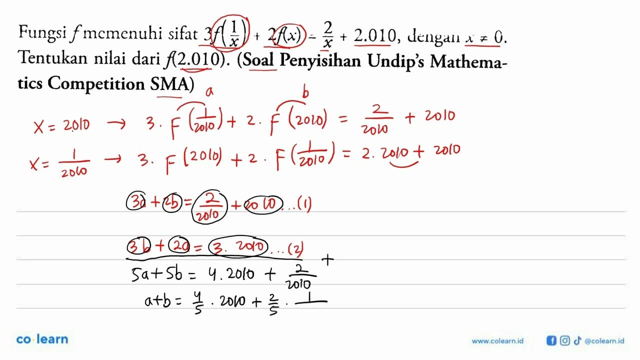 Fungsi f mcmenuhi sifat 3f(1/x)+2f(x)=2/x+2.010, dengan x