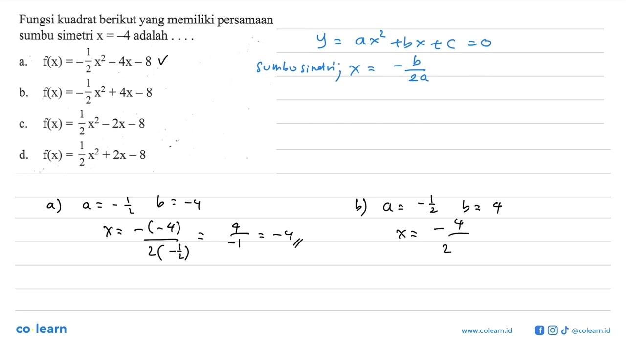 Fungsi kuadrat berikut yang memiliki persamaan sumbu