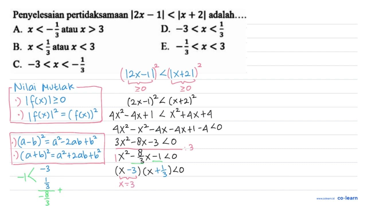 Penyelesaian pertidaksamaan |2 x-1|<|x+2| adalah..