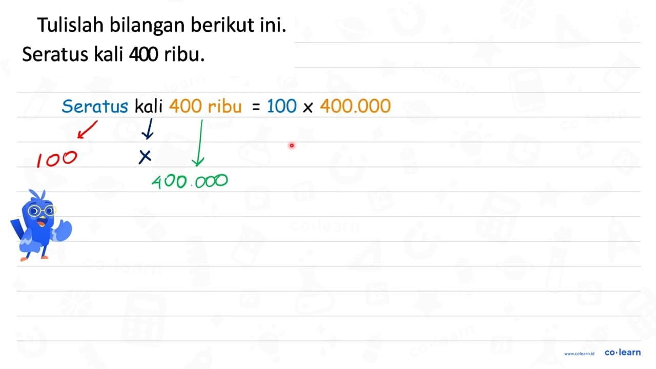 Tulislah bilangan berikut ini. Seratus kali 400 ribu.