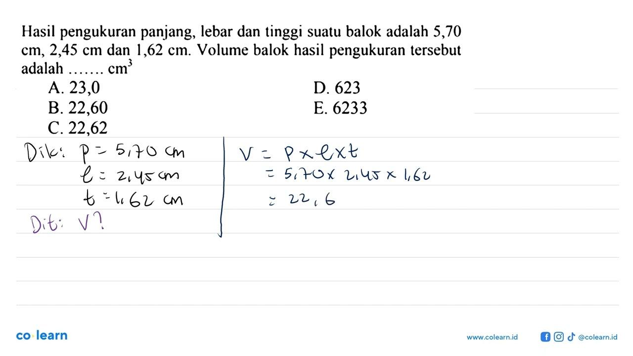 Hasil pengukuran panjang, lebar dan tinggi suatu balok