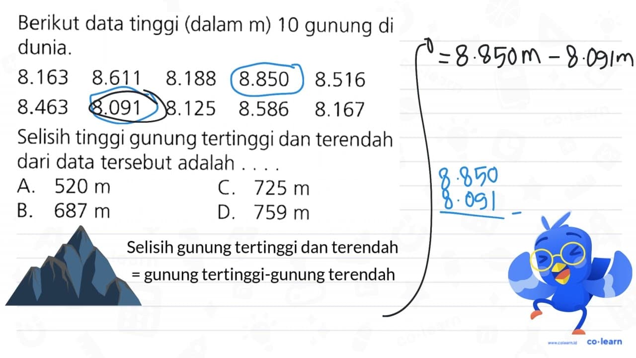 Berikut data tinggi (dalam m) 10 gunung di dunia. 8.163