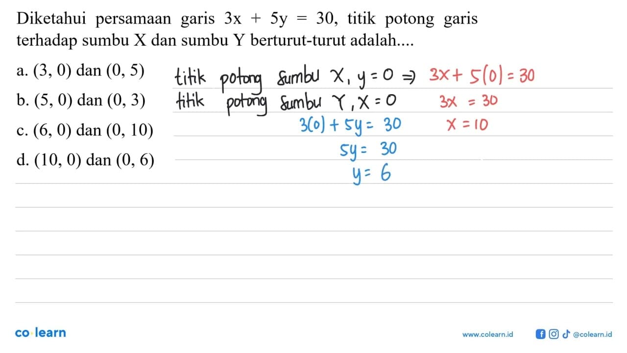 Diketahui persamaan garis 3x + 5y = 30, titik potong garis