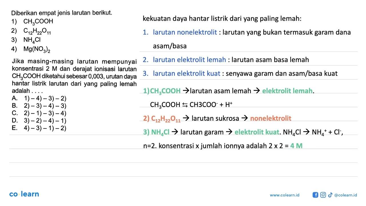 Diberikan empat jenis larutan berikut.1) CH3COOH 2)