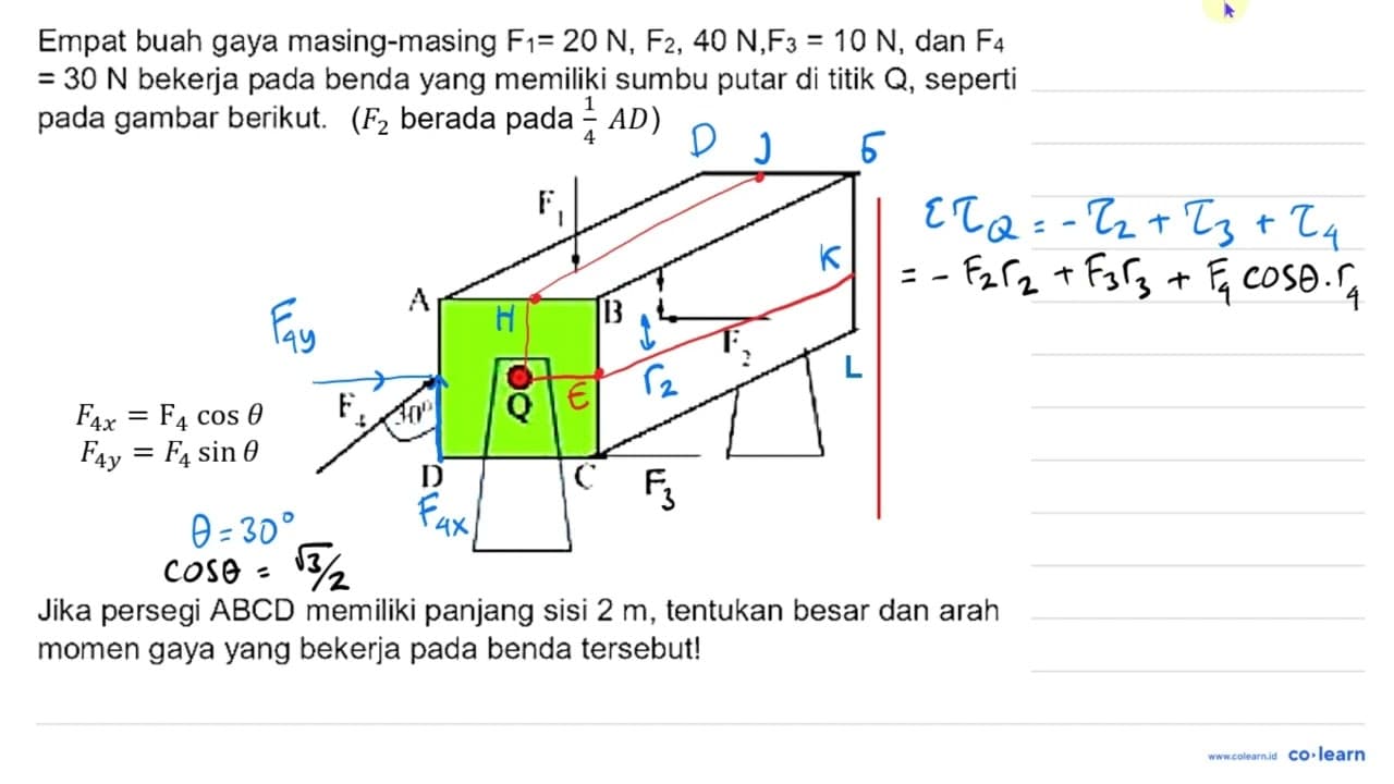 Empat buah gaya masing-masing F1 = 20 N, F2 = 40 N, F3 = 10