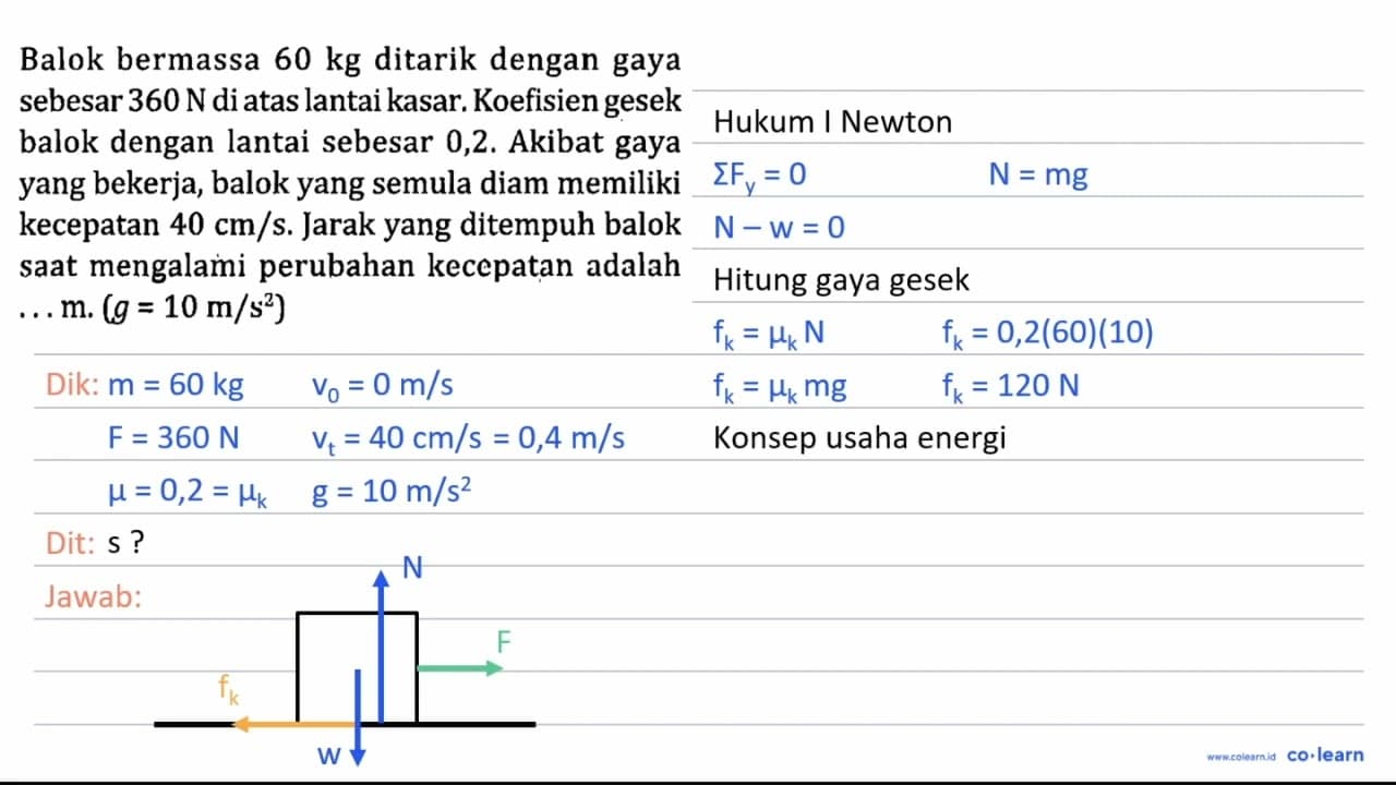 Balok bermassa 60 kg ditarik dengan gaya sebesar 360 N di