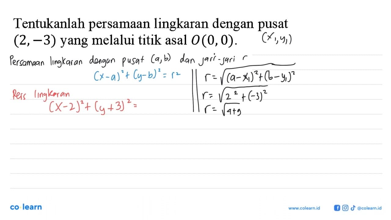 Tentukanlah persamaan lingkaran dengan pusat (2,-3) yang