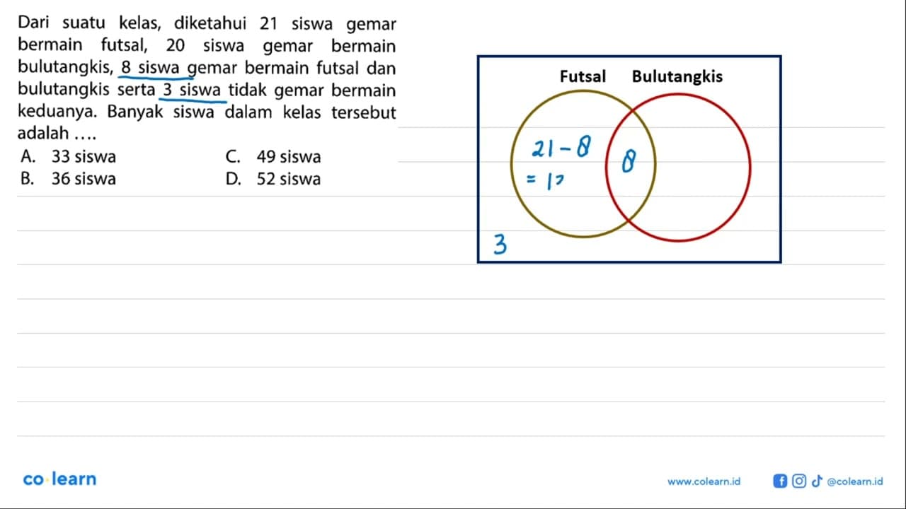 Dari suatu kelas, diketahui 21 siswa gemar bermain futsal,