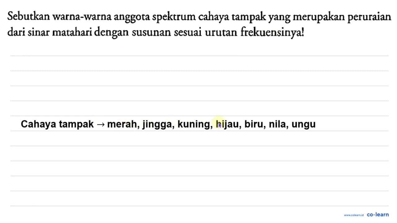 Sebutkan warna-warna anggota spektrum cahaya tampak yang