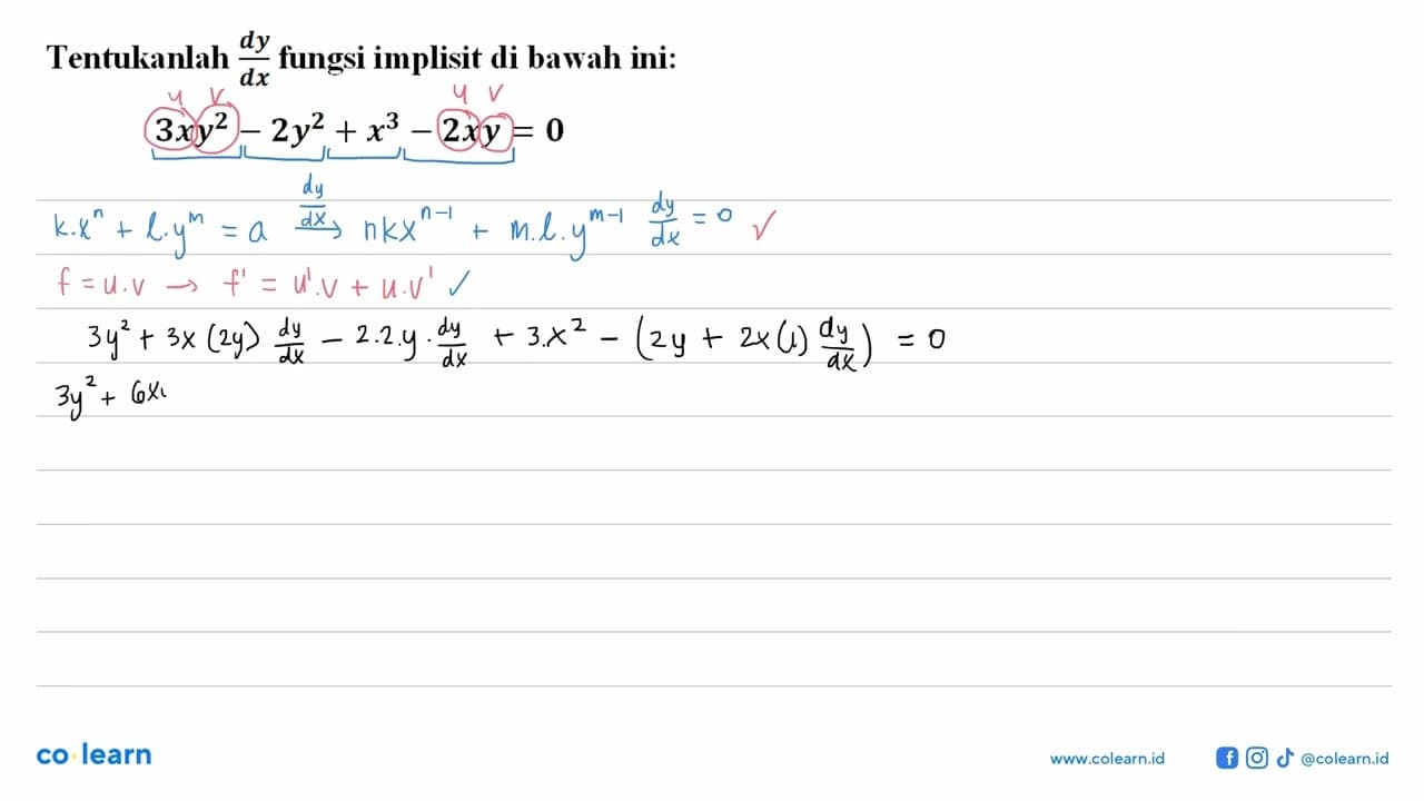 Tentukanlah dy/dx fungsi implisit di bawah ini: