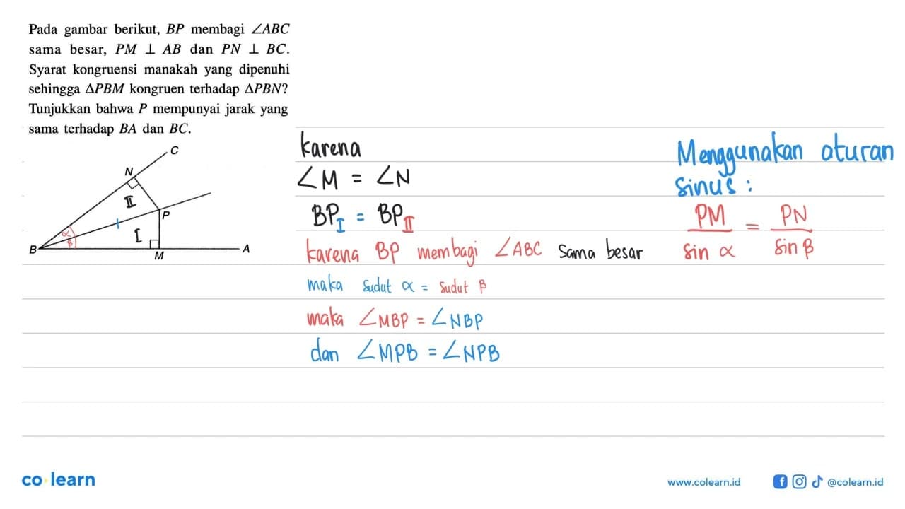 Pada gambar berikut, BP membagi sudut ABC sama besar, PM