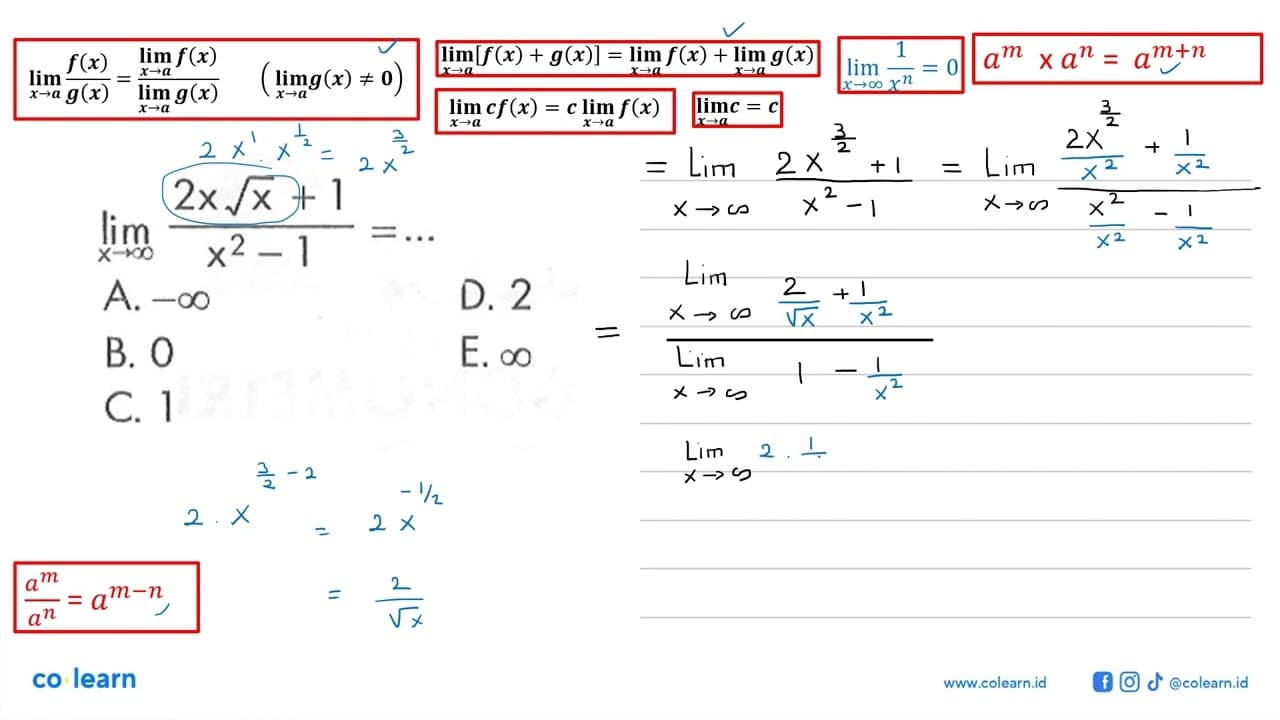 lim x->tak hingga (2xakar(x)+1)/(x^2-1)=