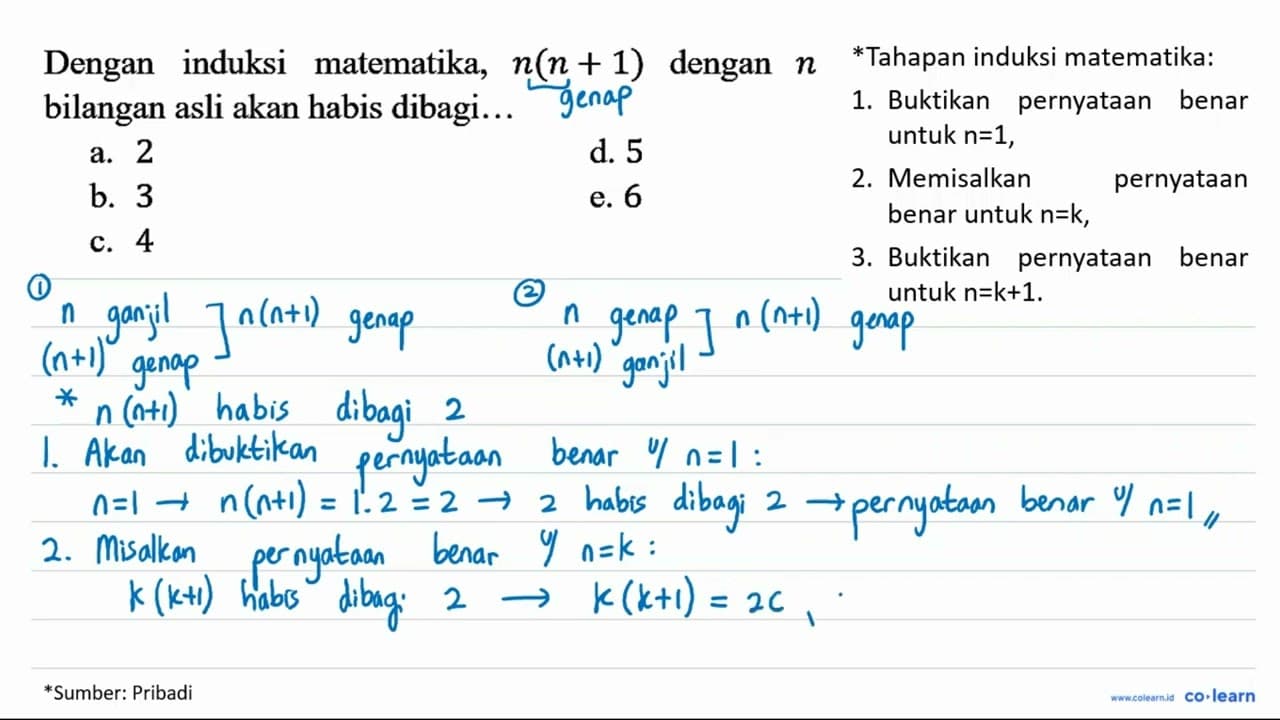 Dengan induksi matematika, n(n+1) dengan n bilangan asli