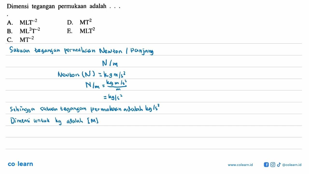 Dimensi tegangan permukaan adalah ...