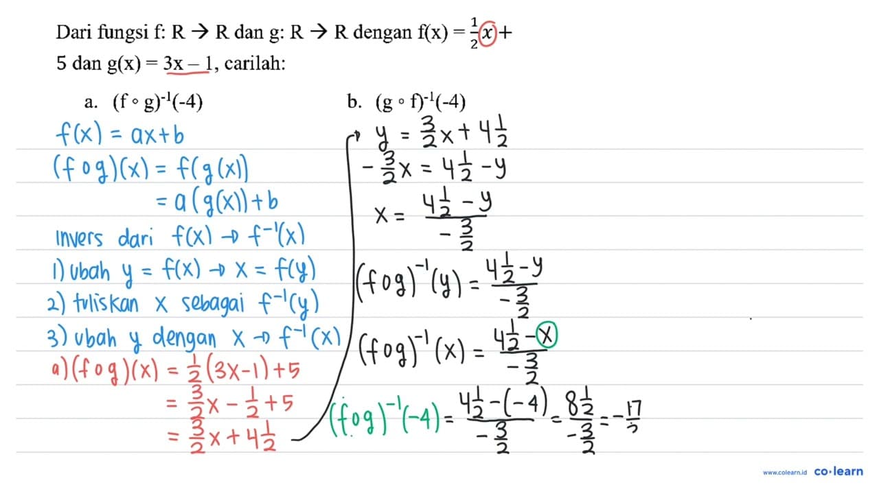 Dari fungsi f: R -> R dan g: R -> R dengan f(x)=(1)/(2) x+