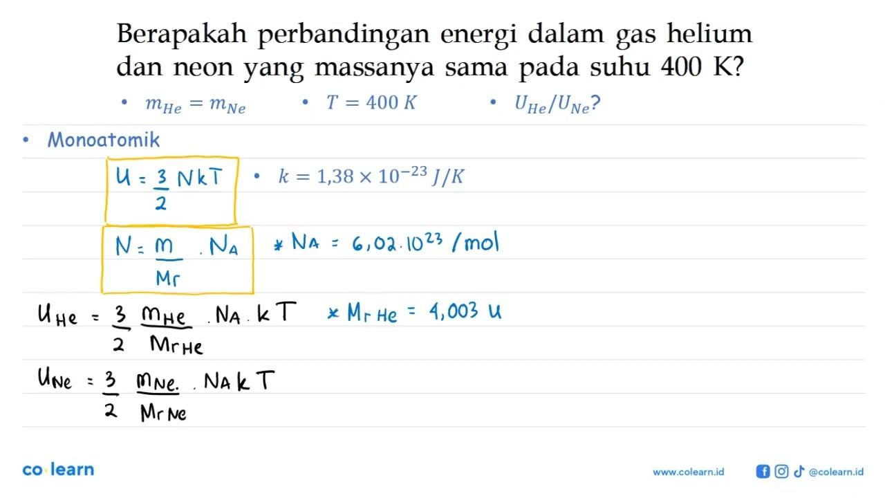 Berapakah perbandingan energi dalam gas helium dan neon