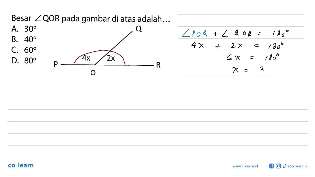 Besar sudut QOR pada gambar di atas adalah... 4x 2xA. 30 B.