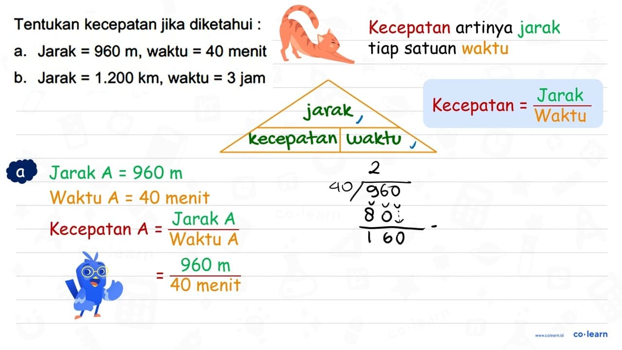 Tentukan kecepatan jika diketahui : a. Jarak =960 m , waktu