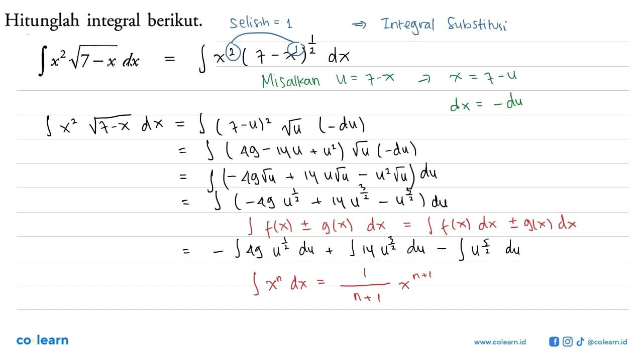 Hitunglah integral berikut. integral x^2 akar(7-x) dx