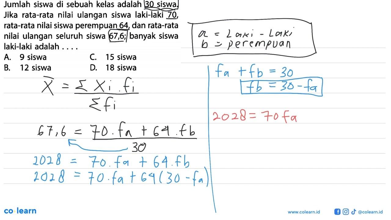 Jumlah siswa di sebuah kelas adalah 30 siswa. Jika