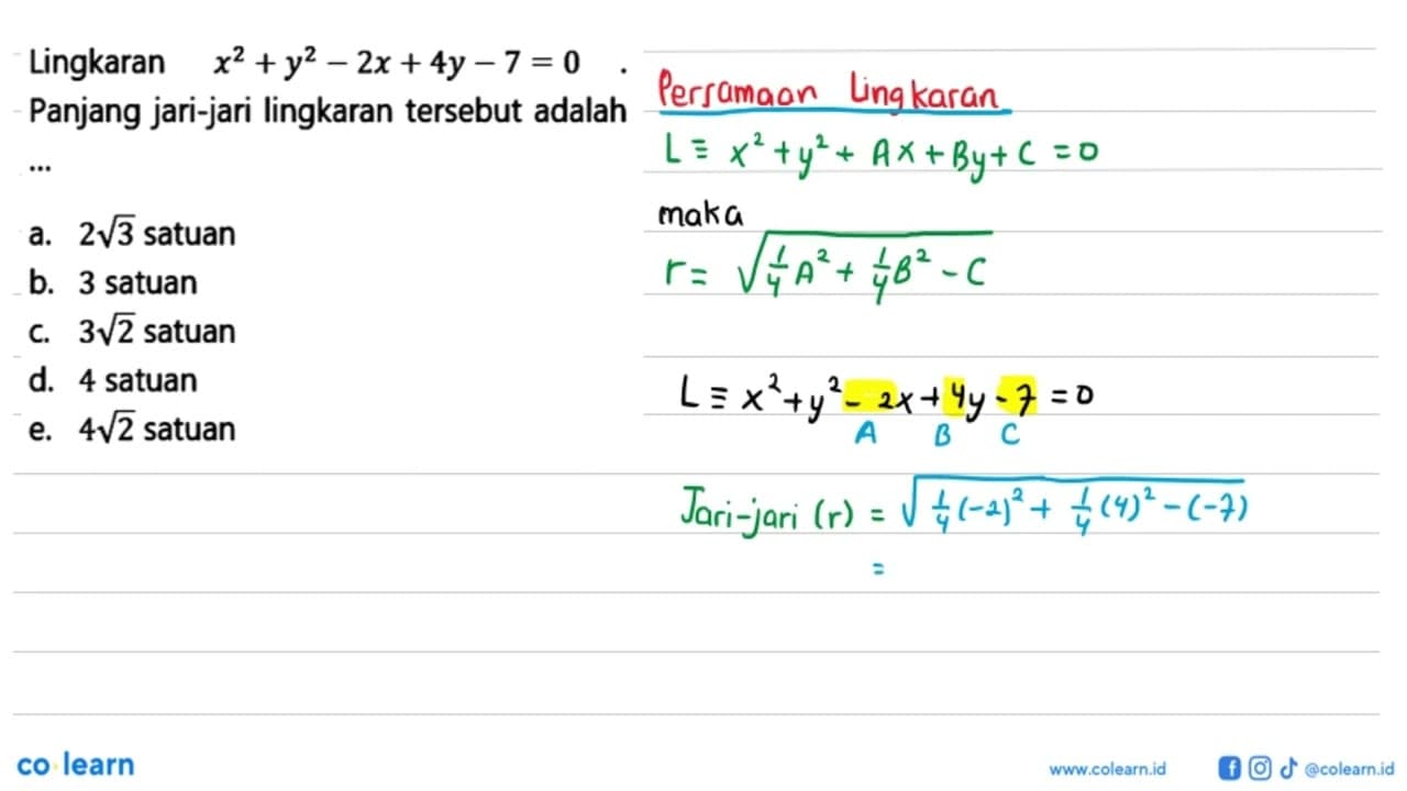 Lingkaran x^2+y^2-2x+4y-7=0. Panjang jari-jari lingkaran