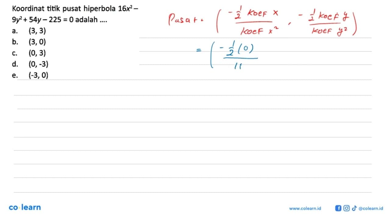 Koordinat titik pusat hiperbola 16x^2-9y^2+54y-225=0 adalah