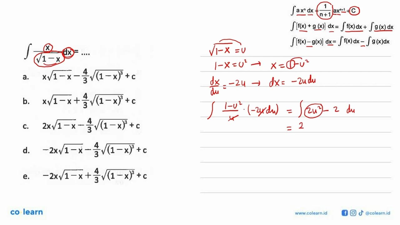 integral x/akar(1-x) dx= ...