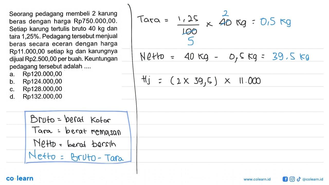 Seorang pedagang membeli 2 karung beras dengan harga