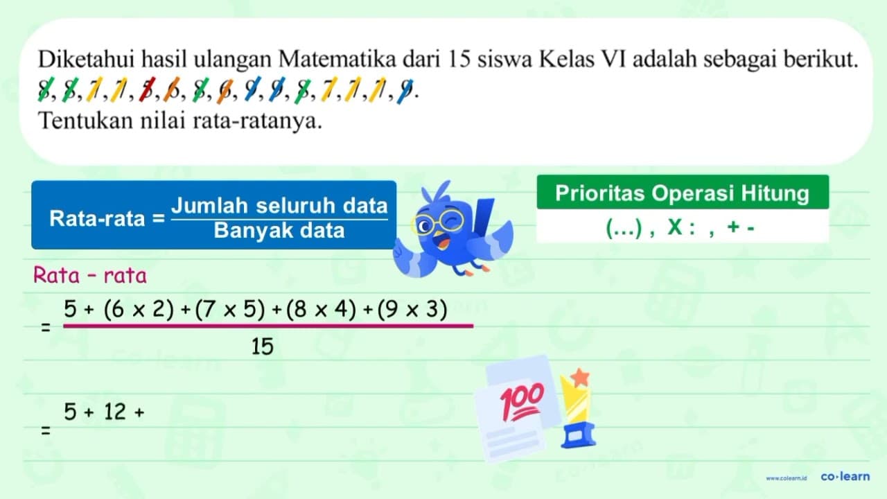 Diketahui hasil ulangan Matematika dari 15 siswa Kelas VI