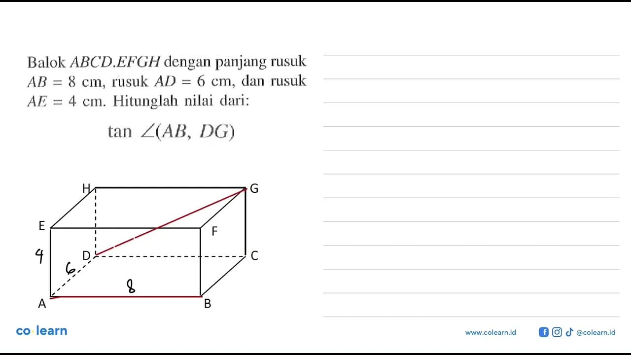 Balok ABCD.EFGH dengan panjang rusuk AB=8 cm, rusuk AD=6