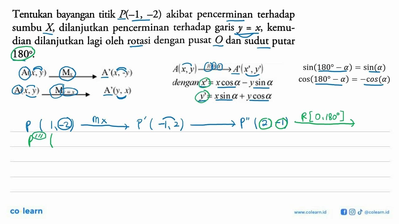 Tentukan bayangan titik P(-1, -2) akibat pencerminan