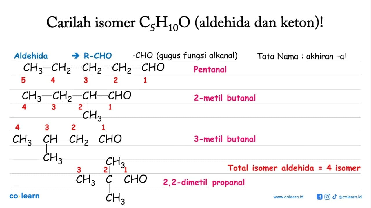 Carilah isomer C5H10O (aldehida dan keton)!