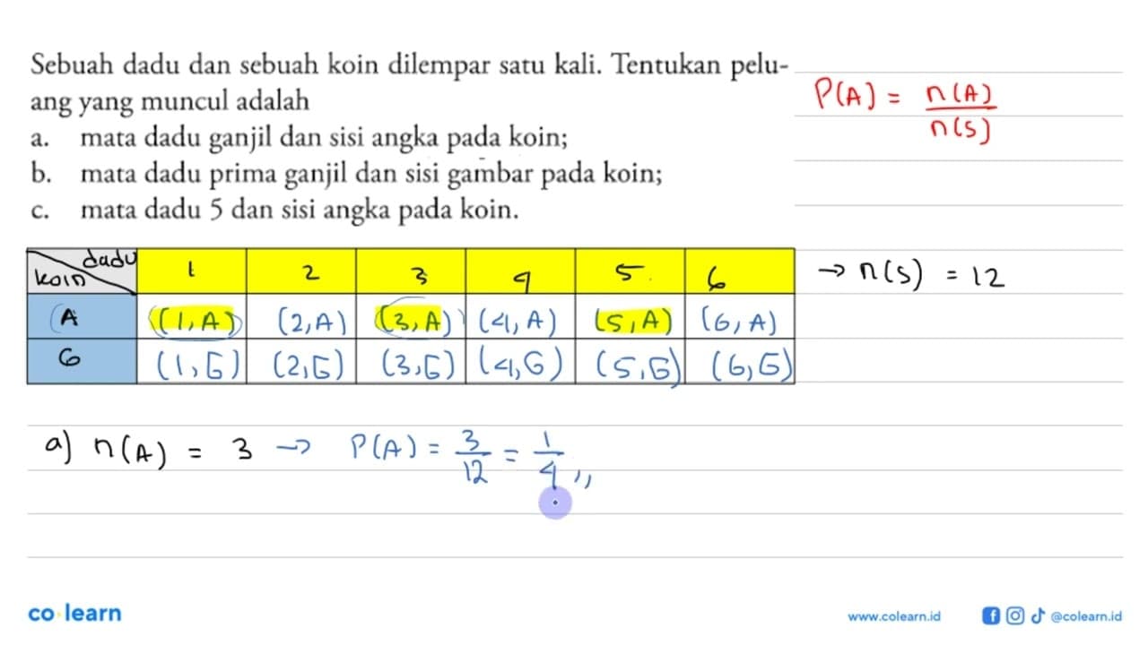 Sebuah dadu dan sebuah koin dilempar satu kali. Tentukan