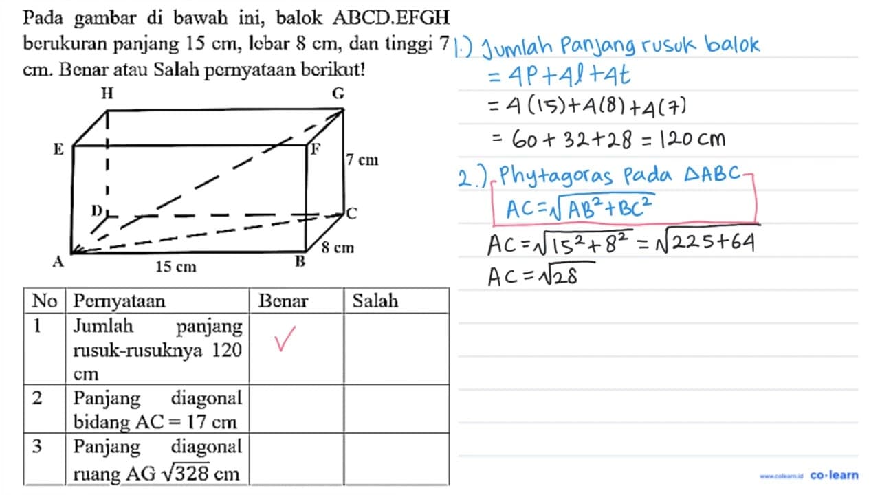 Pada gambar di bawah ini, balok ABCD.EFGH berukuran panjang