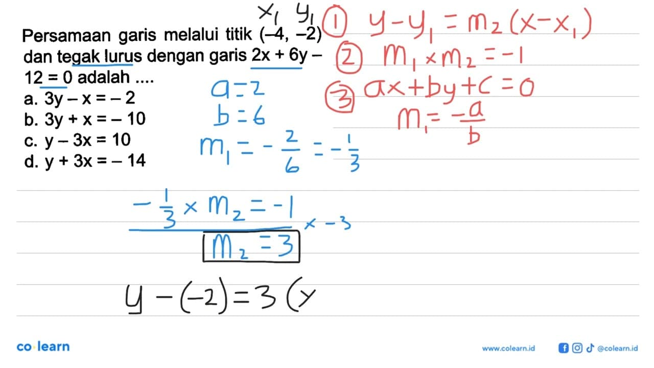 Persamaan garis melalui titik (-4, -2) dan tegak lurus