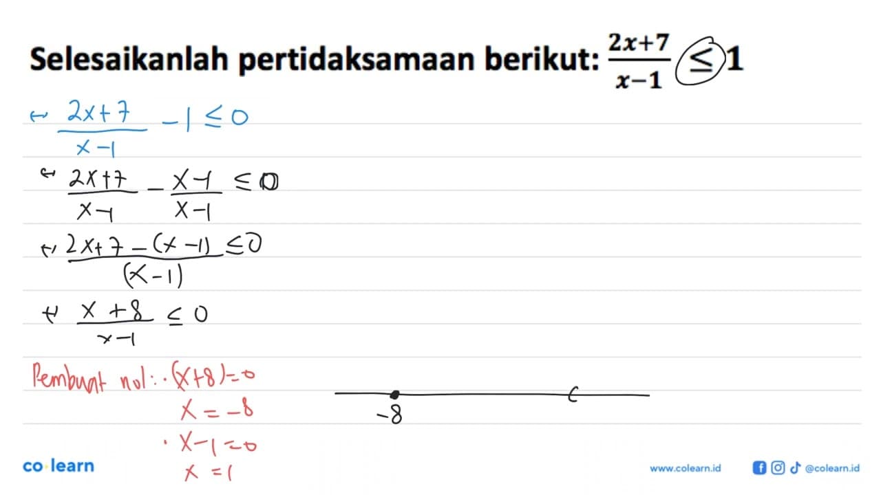 Selesaikanlah pertidaksamaan berikut: (2x+7)/(x-1)<=1