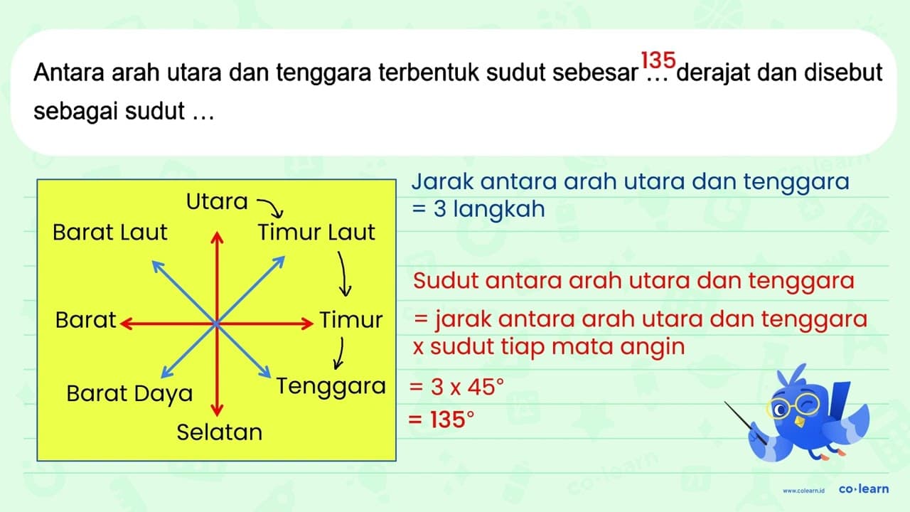 Antara arah utara dan tenggara terbentuk sudut sebesar